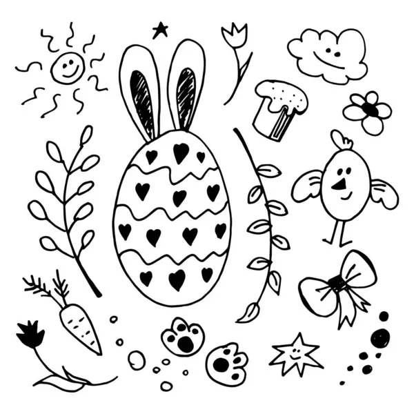 Beyaz arka planda Paskalya karalaması, el çizimleri, çocuk karalamaları.