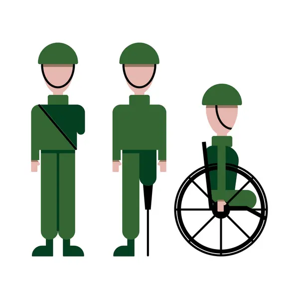 Kolu, bacağı, koltuk değneği, protezi, tekerlekli sandalyesi ve kesilmiş uzuvları olmayan engelli bir asker.