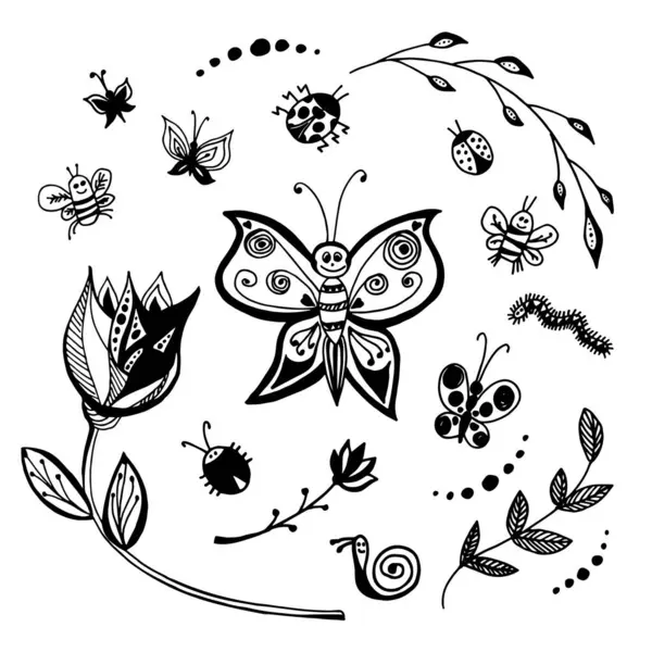 Beyaz kağıda, el çizimine, kelebek çizimine böceklerin ve bitkilerin siyah karalama siluetleri.
