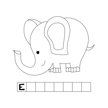 Fil, İngiliz alfabesi, bilmece, çocuklar için renk, E harfi, çapraz bulmaca, siyah beyaz karalama