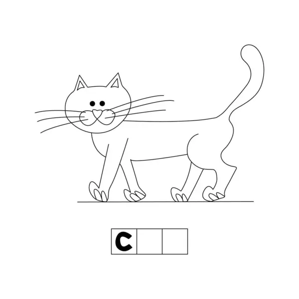 Kedi, İngilizce alfabe, bilmece, çocuklar için renk C harfi, çapraz bulmaca, siyah ve beyaz karalama