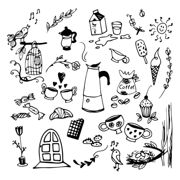 Kek seti, kahve, tatlı ve konforlu mutfak malzemeleri.