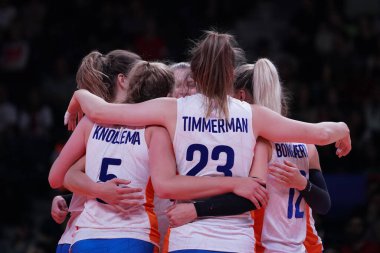 ANKARA, TURKIYE - JUNE 03, 2022: Netherlands players celebrating score point during Italy VNL Pool match in Ankara Arena