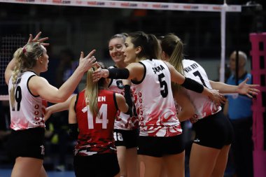 ISTANBUL, TURKEY - FEBRUARY 07, 2022: Turk Hava Yollari players celebrating score point during Fenerbahce Opet Turkish Sultans League match in Burhan Felek Sport Hall