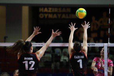 ISTANBUL, TURKEY - FEBRUARY 02, 2022: Lauren Carlini and TeTori Dixon in action during Turk Hava Yollari vs Igor Gorgonzola Novara CEV Champions League Volley Match in Burhan Felek Sport Hall