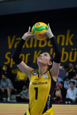 ISTANBUL, TURKEY - MARCH 31, 2022: Buket Gulubay warming up during Vakifbank vs Fenerbahce Opet CEV Champions League Volley Semi Final match in Vakifbank Sport Hall