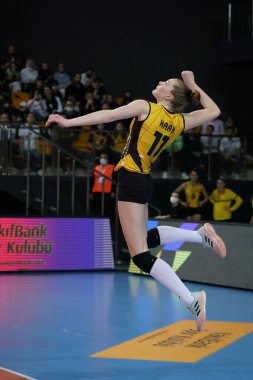 ISTANBUL, TURKEY - MARCH 31, 2022: Isabelle Haak serves during Vakifbank vs Fenerbahce Opet CEV Champions League Volley Semi Final match in Vakifbank Sport Hall