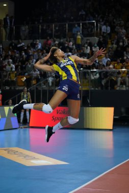 ISTANBUL, TURKEY - MARCH 31, 2022: Melissa Vargas serves during Vakifbank vs Fenerbahce Opet CEV Champions League Volley Semi Final match in Vakifbank Sport Hall