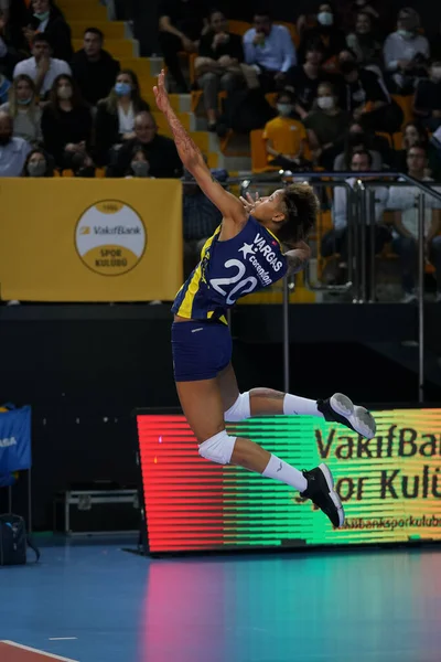 ISTANBUL, TURKEY - MARCH 31, 2022: Melissa Vargas serves during Vakifbank vs Fenerbahce Opet CEV Champions League Volley Semi Final match in Vakifbank Sport Hall