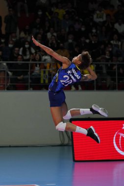 ISTANBUL, TURKEY - APRIL 06, 2022: Melissa Vargas serves during Fenerbahce Opet vs Vakifbank CEV Champions League Volley Semi Final match in Vakifbank Sport Hall
