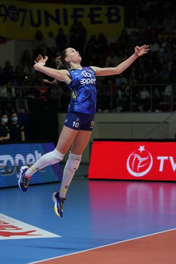 ISTANBUL, TURKEY - APRIL 06, 2022: Arina Fedorovtseva serves during Fenerbahce Opet vs Vakifbank CEV Champions League Volley Semi Final match in Vakifbank Sport Hall