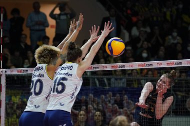 ISTANBUL, TURKEY - 30 Nisan 2022: Melissa Vargas ve Mina Popoviç, Burhan Felek Spor Salonu 'nda oynanan Fenerbahçe Opet vs Vakıfbank Türkiye Sultanlar Ligi Playoff Finali karşılaşmasında eylem halindeler