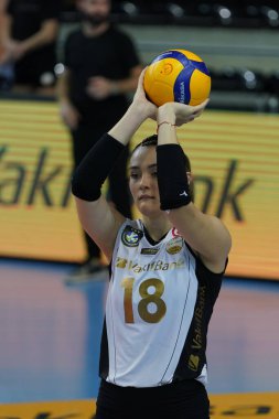 ISTANBUL, TURKEY - APRIL 03, 2022: Zehra Gunes in Vakifbank vs Kuzeyboru Turkish Sultans League match in Vakifbank Sport Hall