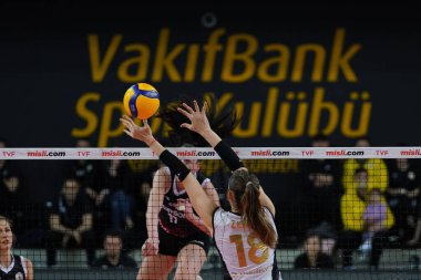 ISTANBUL, TURKEY - APRIL 03, 2022: Zehra Gunes in action during Vakifbank vs Kuzeyboru Turkish Sultans League match in Vakifbank Sport Hall