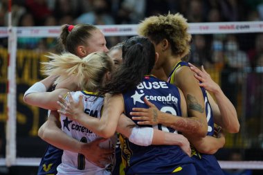 ISTANBUL, TURKEY - MAY 06, 2022: Fenerbahce Opet players celebrating score point during Vakifbank Turkish Sultans League Playoff Final match in Burhan Felek Sport Hall