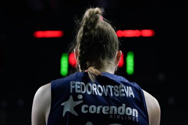 ISTANBUL, TURKEY - MAY 06, 2022: Arina Fedorovtseva serves during Fenerbahce Opet vs Vakifbank Turkish Sultans League Playoff Final match in Burhan Felek Sport Hall