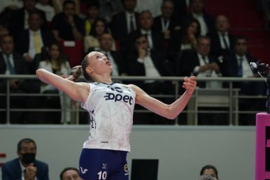 ISTANBUL, TURKEY - MAY 09, 2022: Arina Fedorovtseva serves during Fenerbahce Opet vs Vakifbank Turkish Sultans League Playoff Final match in Burhan Felek Sport Hall