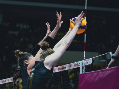 ISTANBUL, TURKEY - MAY 09, 2022: Zehra Gunes and Isabelle Haak in action during Fenerbahce Opet vs Vakifbank Turkish Sultans League Playoff Final match in Burhan Felek Sport Hall