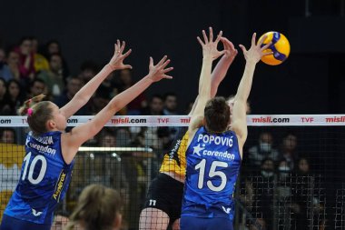 ISTANBUL, TURKEY - MAY 03, 2022: Arina Fedorovtseva and Mina Popovic in action during Vakifbank vs Fenerbahce Opet Turkish Sultans League Playoff Final match in Vakifbank Sport Hall