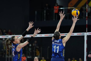 ISTANBUL, TURKEY - MAY 03, 2022: Eda Erdem Dundar and Naz Aydemir Akyol in action during Vakifbank vs Fenerbahce Opet Turkish Sultans League Playoff Final match in Vakifbank Sport Hall