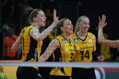 ISTANBUL, TURKEY - MAY 03, 2022: Vakifbank players celebrating score point during Fenerbahce Opet Turkish Sultans League Playoff Final match in Vakifbank Sport Hall