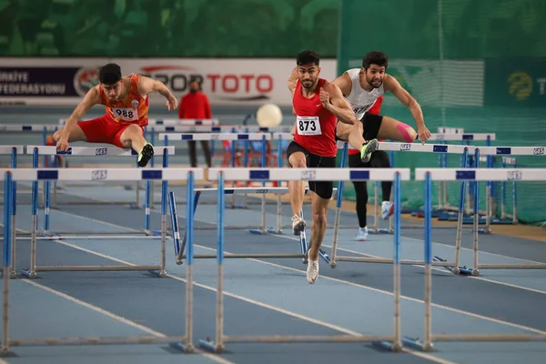 Istanbul Turkey January 2022 Athletes Running Metres Hurdles Turkish Athletic — Stok fotoğraf