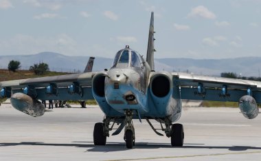KONYA, TURKIYE - JUNE 30, 2022: Azerbaijani Air Force Sukhoi Su-25 Frogfoot taxiing in Konya Airport during Anatolian Eagle Air Force Exercise