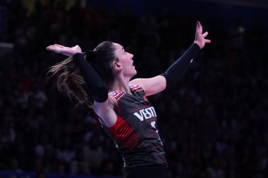 ANKARA, TURKIYE - JUNE 04, 2022: Baladin Hande serves during Bulgaria vs Turkiye VNL Pool match in Ankara Arena
