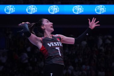 ANKARA, TURKIYE - JUNE 04, 2022: Baladin Hande serves during Bulgaria vs Turkiye VNL Pool match in Ankara Arena