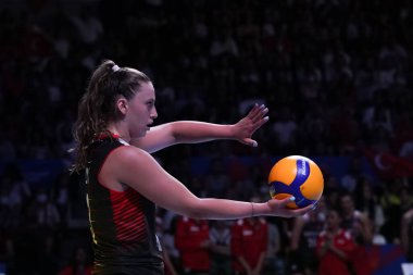 ANKARA, TURKIYE - JUNE 04, 2022: Ozbay Cansu serves during Bulgaria vs Turkiye VNL Pool match in Ankara Arena