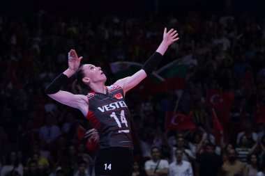 ANKARA, TURKIYE - JUNE 04, 2022: Erdem Dundar Eda serves during Bulgaria vs Turkiye VNL Pool match in Ankara Arena