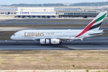 ISTANBUL, TURKIYE - AUGUST 06, 2022: Emirates Airlines Airbus 380-861 (168) landing to Istanbul International Airport