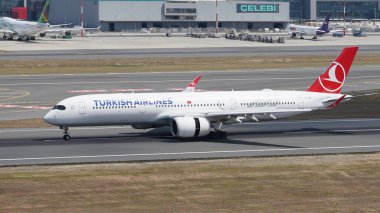 ISTANBUL, TURKIYE - AUGUST 06, 2022: Turkish Airlines Airbus 350-941 (421) landing to Istanbul International Airport