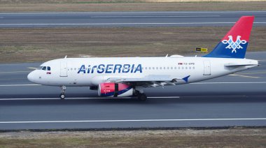 ISTANBUL, TURKIYE - AUGUST 06, 2022: Air Serbia Airbus A319-132 (2296) landing to Istanbul International Airport