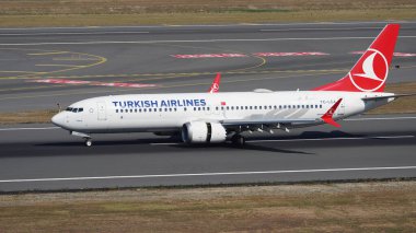 ISTANBUL, TURKIYE - AUGUST 06, 2022: Turkish Airlines Boeing 737-8MAX (60032) landing to Istanbul International Airport