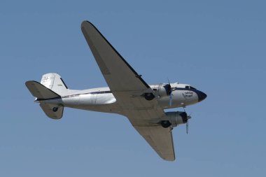ESKISEHIR, TURKIYE - SEPTEMBER 18, 2022: M.S.O Air and Space Museum Douglas DC-3A (2204) display in Sivrihisar SHG Airshow