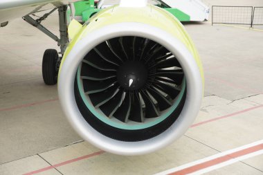 ISTANBUL, TURKIYE - OCTOBER 08, 2022: Engine of Air Baltic Airbus A220-371 (55165) display in Istanbul Airshow in Istanbul Ataturk Airport