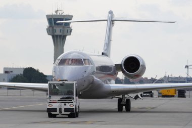 ISTANBUL, TURKIYE - OCTOBER 08, 2022: MNG Airlines Bombardier BD-700-1A10 Global Express (9126) display in Istanbul Airshow in Istanbul Ataturk Airport