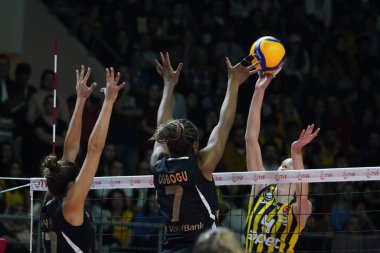 ISTANBUL, TURKIYE - OCTOBER 29, 2022: Chiaka Ogbogu in action during Vakifbank vs Fenerbahce Opet Women Champions Cup match in Burhan Felek Sport Hall