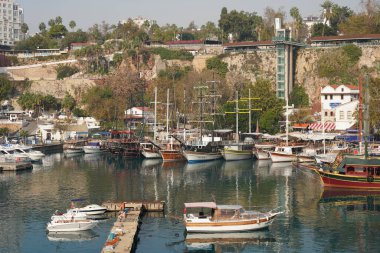 ANTALYA, TURKIYE - NOVEMBER 17, 2022: Historic Harbor in Antalya City. Harbor dating to Roman era