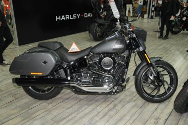 ISTANBUL, TURKEY - APRIL 23, 2022: Harley Davidson motorcycle on display at Motobike Expo in Istanbul Exhibition Center