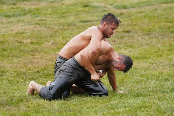 stock image ISTANBUL, TURKIYE - JUNE 11, 2022: Oil wrestlers compete during Etnospor Culture Festival. Oil wrestling also called grease wrestling is the Turkish traditional sport.