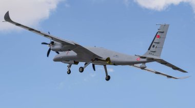 KONYA, TURKIYE - JUNE 30, 2022: Baykar Technologies Bayraktar Akinci UCAV Tiha (PT-5) takeoff from Konya Airport during Anatolian Eagle Air Force Exercise