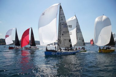 ISTANBUL, TURKIYE - SEPTEMBER 24, 2022: Sailboats competing in Bosphorus Cup