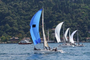 ISTANBUL, TURKIYE - SEPTEMBER 24, 2022: Sailboats competing in Bosphorus Cup