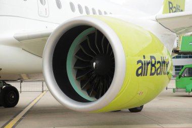 ISTANBUL, TURKIYE - OCTOBER 08, 2022: Engine of Air Baltic Airbus A220-371 (55165) display in Istanbul Airshow in Istanbul Ataturk Airport