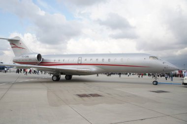 ISTANBUL, TURKIYE - OCTOBER 08, 2022: MNG Airlines Bombardier BD-700-1A10 Global Express (9126) display in Istanbul Airshow in Istanbul Ataturk Airport