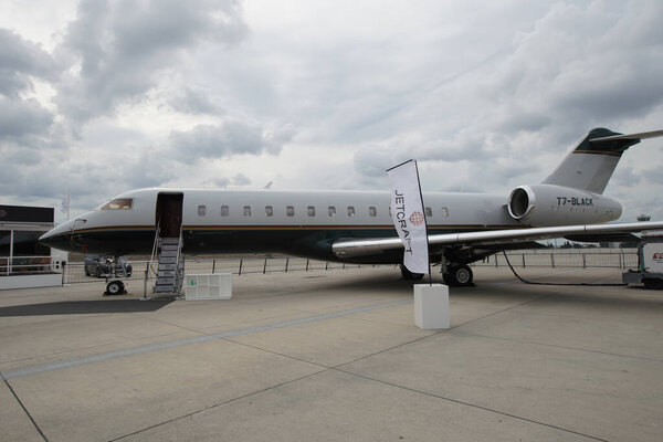 ISTANBUL, TURKIYE - OCTOBER 08, 2022: Private Bombardier BD-700-1A10 Global Express (9110) display in Istanbul Airshow in Istanbul Ataturk Airport