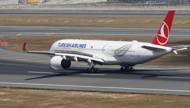 ISTANBUL, TURKIYE - AUGUST 06, 2022: Turkish Airlines Airbus 350-941 (421) landing to Istanbul International Airport