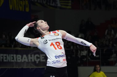 ISTANBUL, TURKIYE - NOVEMBER 02, 2022: Irina Voronkova serves during Fenerbahce Opet vs Eczacibasi Dynavit Turkish Sultans League match in Burhan Felek Sport Hall